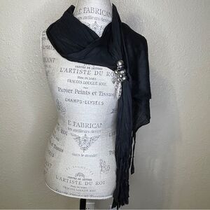 Black Fringed Scarf With Metal Heart and Peapod Scarf Necklace Pendant